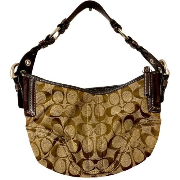 COACH Signature Canvas and Brown Leather Small Hobo Bag